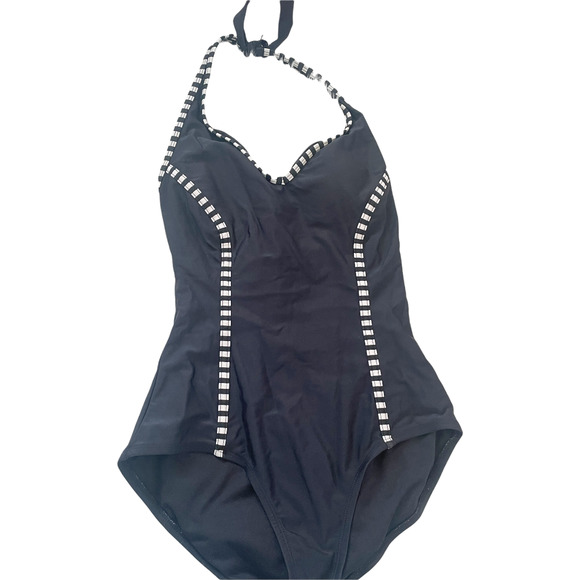 Catalina Women’s Nautical Pin Stripe Black One-Piece Halter Swimsuit Size Small - Picture 2 of 7